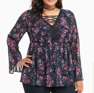 Torrid Bell Sleeve Floral Caged Front Flowy Top